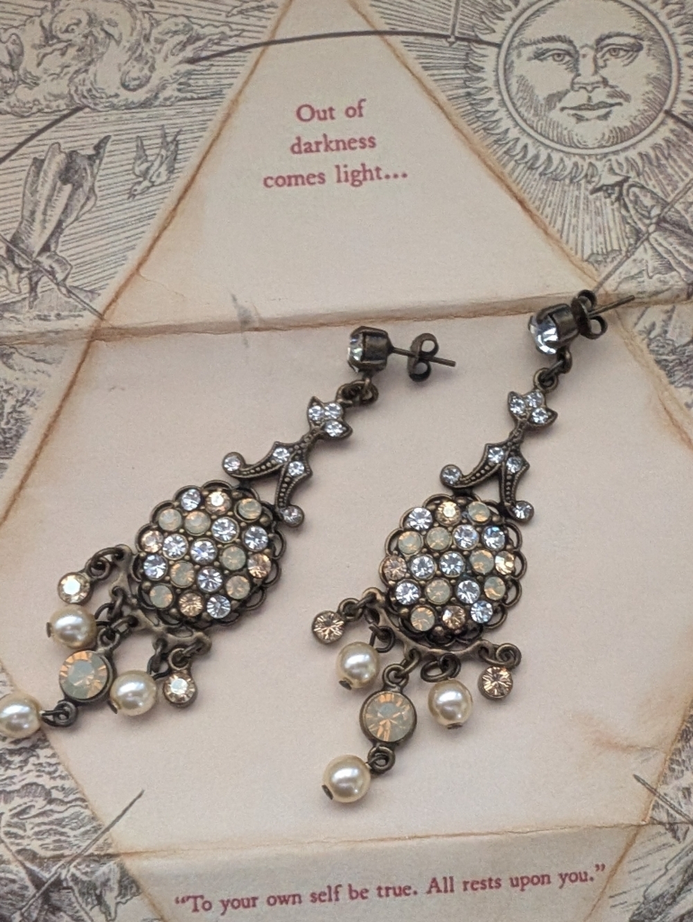 Antique-Style Pearl and Crystal Drop Earrings - Gold-Tone